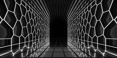 Wall Mural - sci fi neon glowing lines in a dark tunnel. reflections on the floor and ceiling. empty background i