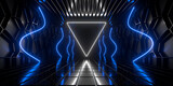 Fototapeta Przestrzenne - Sci Fi neon glowing lines in a dark tunnel. Reflections on the floor and ceiling. Empty background in the center. 3d rendering image. Abstract glowing lines. Technology futuristic background.