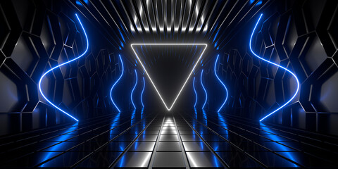 Wall Mural - Sci Fi neon glowing lines in a dark tunnel. Reflections on the floor and ceiling. Empty background in the center. 3d rendering image. Abstract glowing lines. Technology futuristic background.