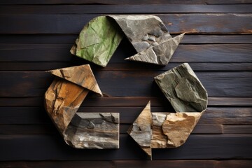 Wall Mural - 3d recycle symbol made of slate stone on a wooden boards background. ecology and environmental prote