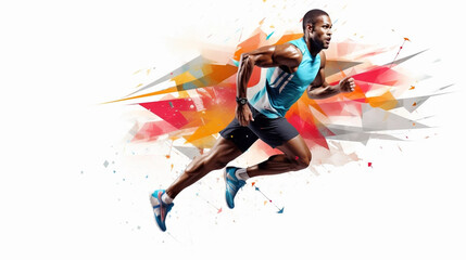 stockphoto, athlete graphic placement, print for sport, minimalistic. Strong athletic male figure sprinting. Simple background. Copy space available.