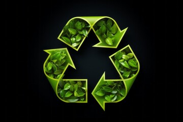Wall Mural - 3d recycle symbol with green leaves pattern isolated on the black background. ecology and environmen