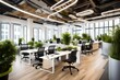 A wellness-focused office environment with biophilic design, indoor plants, and ergonomic furniture, promoting employee well-being and a healthy work atmosphere