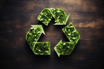 Wall Mural - 3d recycle symbol made of fresh green leaves on the brown wooden boards background. ecology and envi