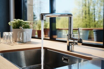 Wall Mural - Close-up of modern chrome kitchen faucet with running water, acrylic stone countertop, stainless steel built-in sink against the background of grey wall, window and indoor plants.