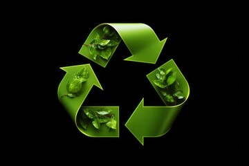 Wall Mural - 3d recycle symbol with green leaves pattern isolated on the black background. ecology and environmen