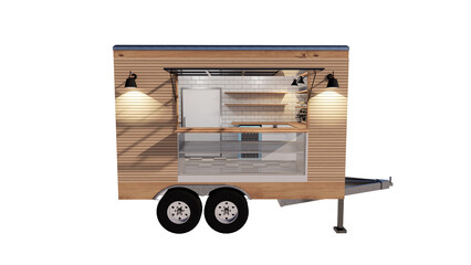 wooden trailer food truck isolated on a transparent white background , mobile coffee shop with white mock up sign 3d rendering