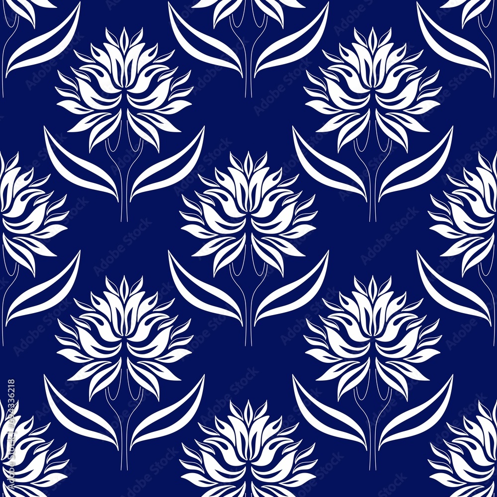 Seamless pattern of abstract white flowers on blue background, digital ...