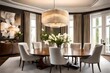 An elegant dining room with a statement chandelier, a polished wooden table, and plush upholstered chairs, creating a sophisticated and inviting atmosphere