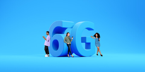 Sticker - Young people using smartphone, 6G big icon on blue background