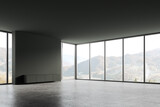 Fototapeta  - Green empty hall in modern apartment, panoramic window on countryside