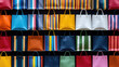 Assortment of colorful bright female shopper bags. Background for accessories store. Handbags in a bright color palette.