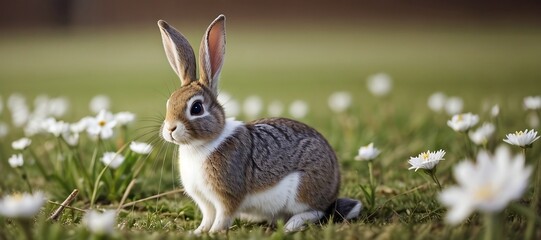 Wall Mural - Close-up of a cute rabbit in the spring field with copy space. 