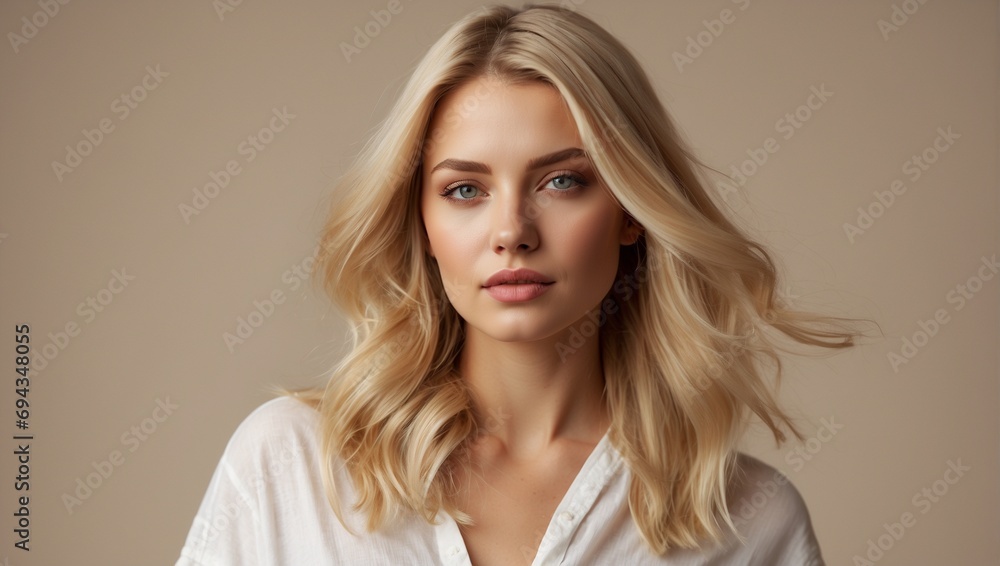 Portrait of a gorgeous young woman with long blonde hair. A beautiful ...