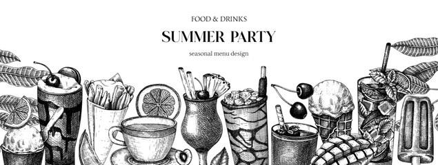 Wall Mural - Summer party background. Non-alcoholic beverage, mocktail, ice cream, fruit, cocktail sketches. Hand drawn vector illustration. Summer food and drinks. Vintage bar menu. Tropical design