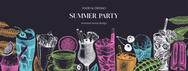 Summer party background. Non-alcoholic beverage, mocktail, ice cream, fruit, cocktail sketches. Hand drawn vector illustration. Summer food festival banner. Bar menu. Tropical design on chalkboard