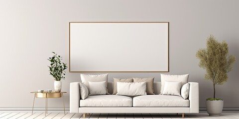 Poster - Modern style living room with unique design sofa, gold coffee table, mock up poster frames, flower vase decor and personal accessories. Template.