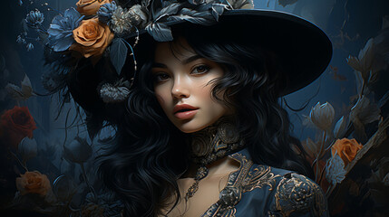 Wall Mural - An ethereal beauty adorned with a striking hat and delicate flowers, captured in a stunning piece of cg artwork that seamlessly blends fashion and artistry