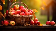 A Basket Of Freshly Picked Apples On A Wooden Table With Fall Foliage