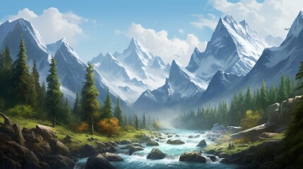 Wall Mural - A breathtaking mountain range stretches as far as the eye can see, its peaks adorned with a dusting of snow. 