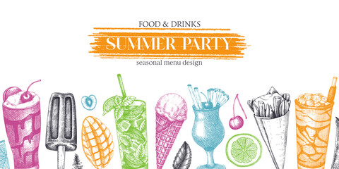 Wall Mural - Summer party banner. Non-alcoholic beverage, mocktail, ice cream, fruit, cocktail sketches. Hand drawn vector illustration. Summer festival design, bar menu, tropical background