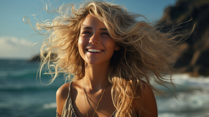 A sun-kissed woman with surfer hair and a bright smile poses for a portrait on the beach, with the ocean and sky as her backdrop, showcasing her long blonde locks and carefree spirit