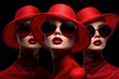  a group of three women wearing red hats, sunglasses and a red dress with red lipstick and a black background.