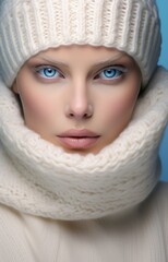 Beautiful young girl, woman, in a white warm knitted sweater, pullover, turtleneck, beautiful photo model for online sales, online store of things, show room, product card
