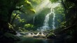 A secluded waterfall hidden in a lush forest, sunlight filtering through the leaves