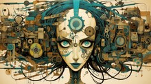  A Digital Painting Of A Woman's Face With Gears And Gears All Over Her Head, And A Clock In The Shape Of A Woman's Head.