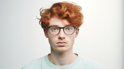 Poster -  a young man with red hair and glasses looking at the camera with a serious look on his face, against a white background.