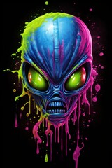 Canvas Print -  a painting of an alien head with green eyes and red and blue paint splattered on it's face.