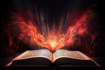 Wall Mural - The Bible, the book of the god of Christianity about the covenants of Jesus Christ, with a flame of fire and an angel, golden shades