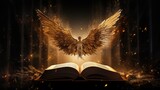 Fototapeta  - The Bible, the book of the god of Christianity about the covenants of Jesus Christ, with a flame of fire and an angel, golden shades