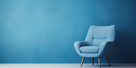 Minimal concept of a blue chair in a living room with a blue and white backdrop.