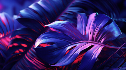 Poster - Tropical nature leaves with neon light abstract background. Generative ai.