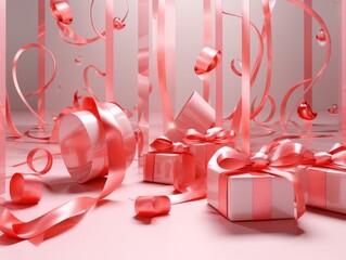 Wall Mural -  a group of pink gift boxes with ribbons and streamers of streamers on a white surface with a pink background.