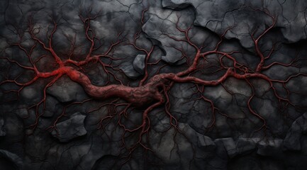 Wall Mural -  a painting of a tree with red branches in the middle of a rocky area with a dark sky in the background.