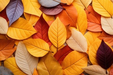 Sticker -  a pile of colorful leaves on top of a bed of brown, yellow, and green leaves on top of a bed of red, orange, yellow, purple, and green leaves.