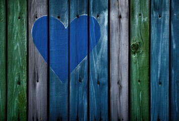 Poster -  a blue heart painted on the side of a wooden planked wall with a green strip of wood behind it.