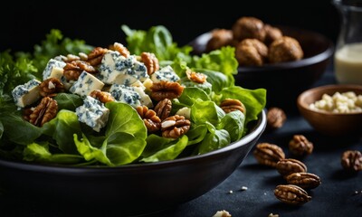 Wall Mural - Bowl of Salad with Blue Cheese and Walnuts Isolated on a Background, Generative AI