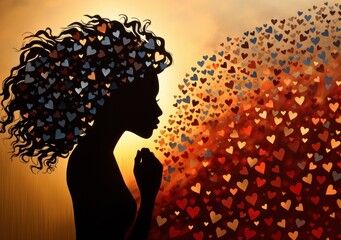 Sticker -  a woman standing in front of a wall of hearts with her hand on her heart - shaped fingernails.