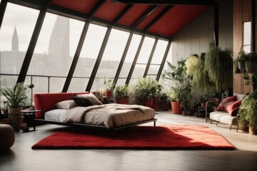 Wall Mural - Beautiful large living room with panoramic windows, sofa, carpet, indoor plants. Interior design concept.