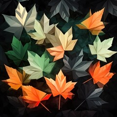 Poster -  a group of orange and green leaves on a black background in low poly polygonic style with a black background.