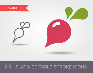 Sticker - Radish. Line icon with editable stroke with shadow and flat icon