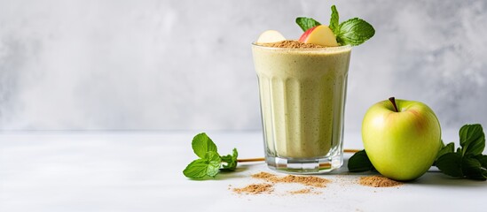 Wall Mural - Nourishing vegan smoothie with apple pie flavors, served in a glass on a white marble table.