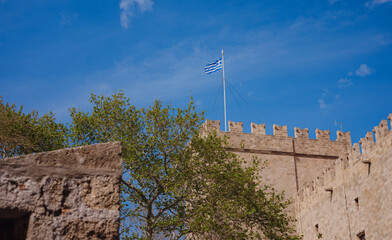 Wall Mural - Travel to Greece, Mediterranean islands Rhodes. The walls of the medieval city of Rhodes, fortified stone walls of the fortification defense system of the old city.