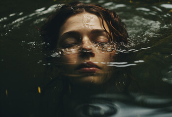 A woman with her face down in the water,  a woman is drowning in a stream, somber mood 