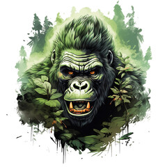 Wall Mural - Image of angry gorilla head and there is a forest as the scene on transparent background, Mammals, Wildlife Animals. Illustration, Generative AI.