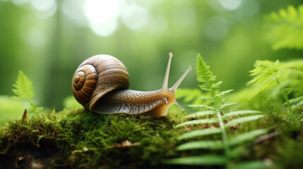 Big snail in shell crawling on road, summer day in garden